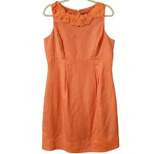 Taylor Linen Dress Women's Orange Pleated Floral Neck Sleeveless Shift, 14